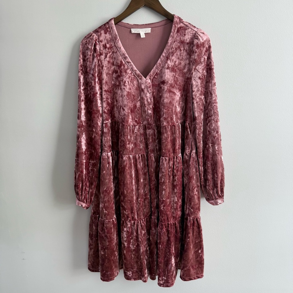 Adyson Parker | Women’s Crushed Velvet Pink Mauve Tiered L/S Stretchy Mini Dress - Picture 2 of 9